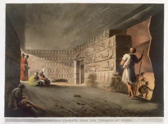 Ondergrondse kamer nabij de piramiden van Gizeh, plaat 9 uit ‘Gezichten in Egypte’, gegraveerd door Thomas Milton (1743-1827), uitgegeven door Robert Bowyer (1758-1834), 1802